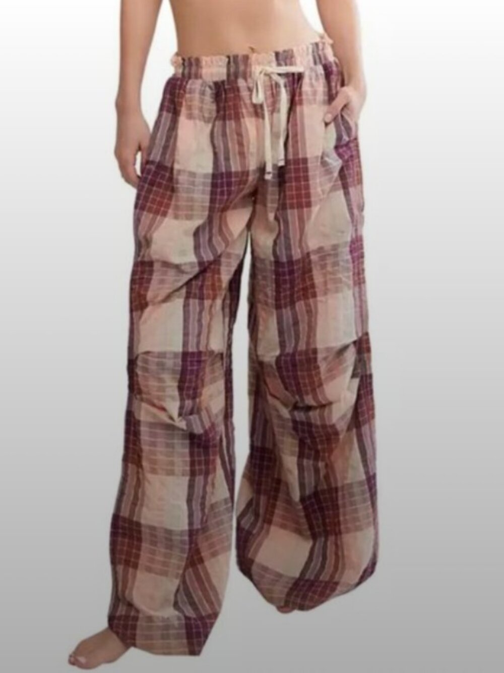 FREE PEOPLE Plaid Wide-Leg Lounge Pants in Mauve, Beige & Burgundy - Picture 6 of 6